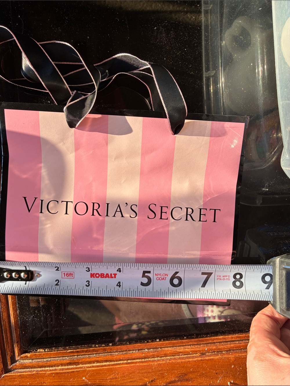 Victoria's Secret Pink & Light Pink Striped Tote with Black Ribbon Handles - Picture 3 of 3